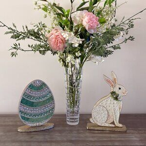Vintage Inspired Beaded Wood Pearl Floral Spring Bunny Rabbit & Egg Set of 2